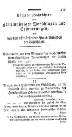 Kürzere Nachrichten von gemeinnützigen Vorschlägen und Erinnerungen, und von den offenstehenden Preis-Aufgaben der Gesellschaft.