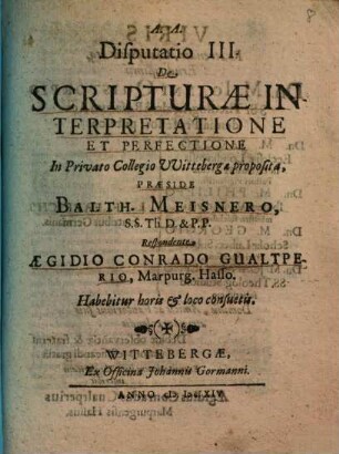 Disputatio III. De Scripturae Interpretatione Et Perfectione