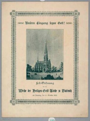 Die Heilig-Geist-Kirche in Blasewitz bei Dresden (Architekt Karl Emil Scherz), Programm des Festgottesdienstes anlässlich der Weihe am 15.10.1895, dreiseitiges Heft