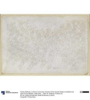 La Divina Commedia, Paradiso XXVIII. Neunte Sphäre (Kristallhimmel oder Primum Mobile): Dante sieht Gott als grell leuchtenden Punkt, von Engelchören umkreist; Beatrice erläutert Hierarchie und Wirkkräfte der Sphäre