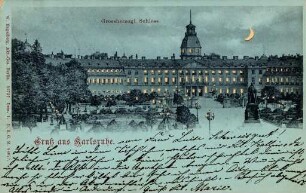 Postkartenalbum mit Motiven von Karlsruhe. "Großherzogliches Schloss. Gruß aus Karlsruhe". Schloss mit Denkmal für Großherzog Karl Friedrich