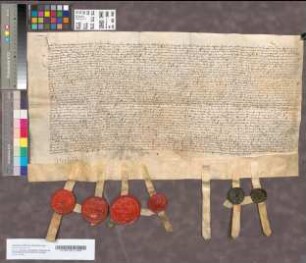 Huwelijksvoorwarden van Walraven, Heer te Brederode te Vianen, en Anna, geboren Grevinne te Nieuwennaar, 11 Mei 1508. Perkament met 6 uithangende zegels, 1 uithangend zegel is afgevallen. Als voren. Gelijktijdig afschrift.