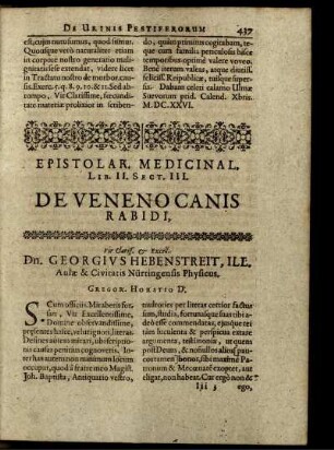 Epistolar. Medicinal. Lib. II. Sect. III. De Veneno Canis Rabidi
