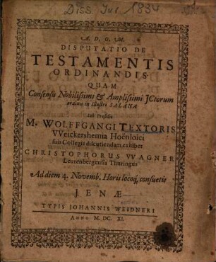 Disputatio De Testamentis Ordinandis