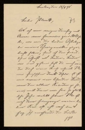 73: Brief von Hermann Struckmann an Gottlieb Planck, Berlin, 15.4.1898