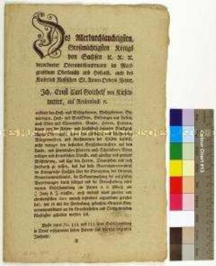 Bekanntmachung gesetzlicher Verordnungen des Generalgouvernements Sachsen durch den Oberlausitzer Oberamthauptmann Ernst Carl Gotthelf von Kiesenwetter