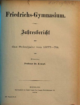 Jahresbericht : über das Schuljahr Ostern ..., 1877/78