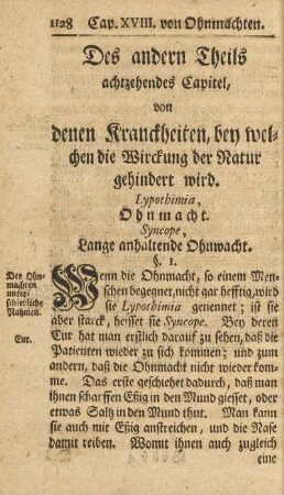 Des andern Theils achtzehndes Capitel, von denen Kranckheiten, bey welchen die Wirckung der Natur gehindert wird