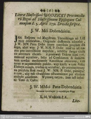 Literae Illustrissimi Wodzicki Procancellarii Regni ad Illustrissimum episcopum Culmensem d. 5. April 1752. Dresdae scriptae