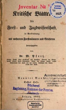 Kritische Blätter für Forst- und Jagdwissenschaft. 9. 1835