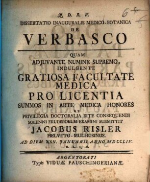 Dissertatio Inauguralis Medico-Botanica De Verbasco