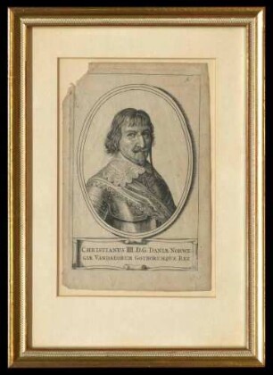 Kupferstich Christian IV., König von Dänemark und Norwegen (1577-1648), 23,5 cm hoch x 16,5 cm breit, im Glasrahmen