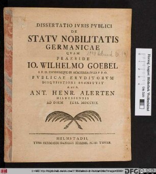 Dissertatio Ivris Pvblici De Statv Nobilitatis Germanicae