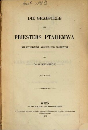 Die Grabstele des Priesters Ptah'emwa : mit Interlinear-Version und Commentar