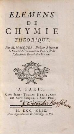 Elemens de chymie theorique