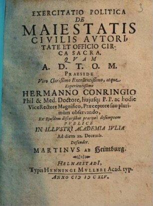 Exercitatio politica De maiestatis civilis autoritate et officio circa sacra
