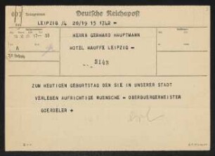 Brief von Carl Friedrich Goerdeler an Gerhart Hauptmann