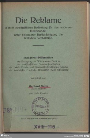 Die Reklame in ihrer wirtschaftlichen Bedeutung für den modernen Einzelhandel unter besonderer Berücksichtigung der hallischen Verhältnisse