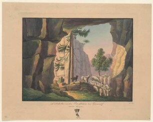 Blick aus der Höhle Diebskeller am Kleinen Bärenstein bei Thürmsdorf in der Sächsischen Schweiz in die Felsenlandschaft, mit Schafherde
