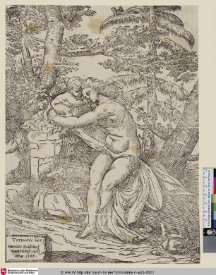 Vénus et l'Amour [Sitzende Venus umarmt Cupido in einer Waldlandschaft]