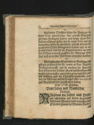 Das XVIII. Capitul. Vom Leben und Wandel der Prediger.