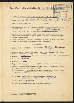 Landestheater, Linz: Fragebogen für das Handbuch »Das Deutsche Theater«, vierseitiges Dokument