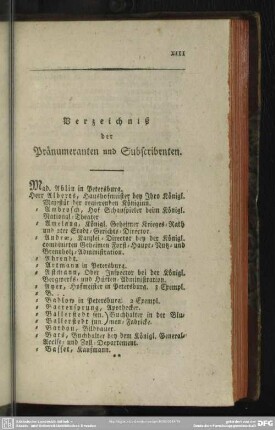 Verzeichniß der Pränumeranten und Subscribenten