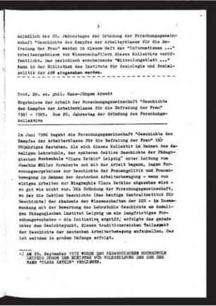 Ergebnisse der Arbeit der Forschungsgemeinschaft "Geschichte des Kampfes der Arbeiterklasse für die Befreiung der Frau" 1981 bis 1985 : zum 20. Jahrestag der Gründung des Forschungskollektivs