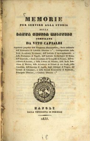 Memorie per servire alla Storia della Santa Chiesa Miletese Compilate da Vito Capialbi