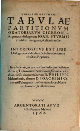 Tabulae Partitionum oratoriarum Ciceronis et 4 dialogorum Joa. Sturmii ...