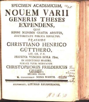 Specimen Academicum, Nouem Varii Generis Theses Expendens