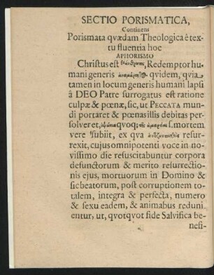 Sectio Porismatica, Continens Porismata quaedam Theologica e textu fluentia hoc Aphorismo ...