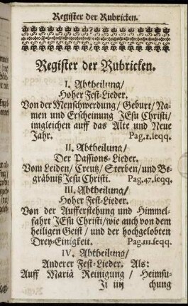 Register der Rubricken.