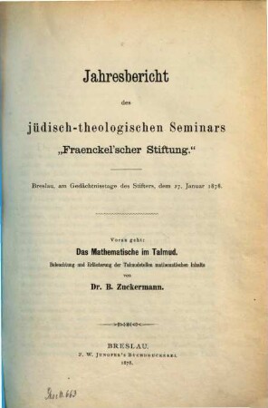 Jahresbericht des Jüdisch-Theologischen Seminars Fraenckel'scher Stiftung. 1878