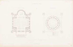 Sankt Nikolaikirche, Potsdam: Grundriss Unterbau, Grundriss Oberbau (aus: Atlas zur Zeitschrift für Bauwesen, hrsg. v. G. Erbkam, Jg. 3, 1853)