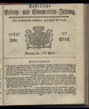 15tes Stueck, Montag den 11ten April. 1785