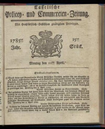 15tes Stueck, Montag den 11ten April. 1785