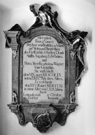 Epitaph für Franz Xaver Freiherr von Brutscher zu Scharn und seine Gemahlin Maria Theresia : Epitaph für Franz Xaver Freiherr von Brutscher zu Scharn und seine Gemahlin Maria Theresia (1749/1761). Großaitingen, Katholische Pfarrkirche Sankt Nikolaus?