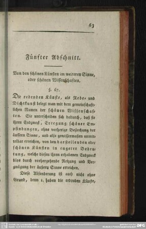 Fünfter Abschnitt. Von den schönen Künsten im weiteren Sinne, oder schönen Wissenschaften