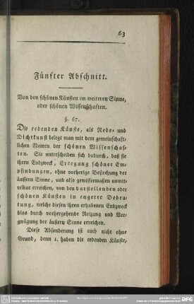 Fünfter Abschnitt. Von den schönen Künsten im weiteren Sinne, oder schönen Wissenschaften