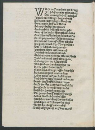 Wacht auff es nahent gen dem tag Ich hör singen im grünen hag Ein wunnigkliche Nachtigall ...