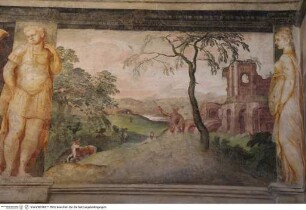 Freskendekoration mit Scheinarchitektur, fingierten Statuen, Figuren der Antike, Landschaften und mythologischen Szenen, Bäuerin mit Kuhwerde vor Ruinenlandschaft