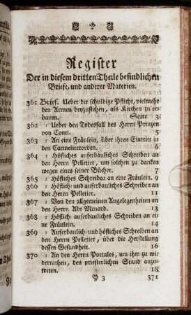 Register der in diesem dritten Theile befindlichen Briefe, und anderer Materien.