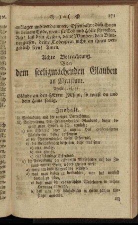 Achte Betrachtung. Von dem seeligmachenden Glauben an Christum.