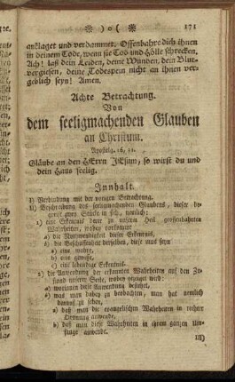 Achte Betrachtung. Von dem seeligmachenden Glauben an Christum.