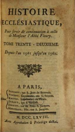 Histoire Ecclésiastique, 32. Depuis l'an 1561 jusqu'en 1562.