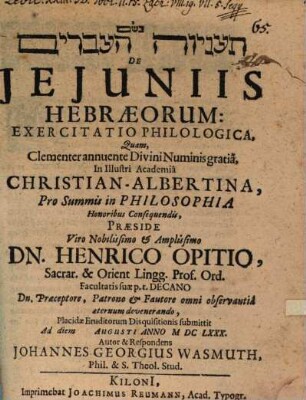 Taʿani yyôt hā-civrîm de ieiuniis Hebraeorum exercitatio philol.