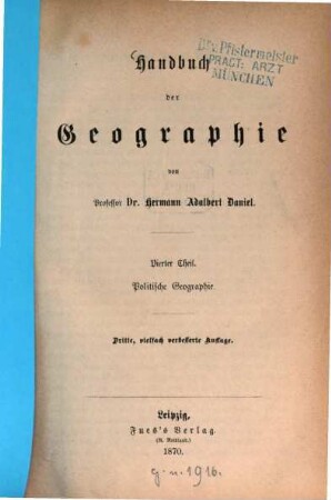 Handbuch der Geographie. 4, Deutschland, politische Geographie