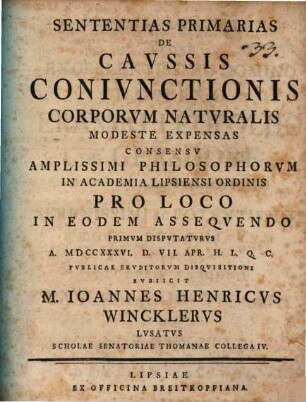 Sententias Primarias De Cavssis Conivnctionis Corporvm Natvralis Modeste Expensas