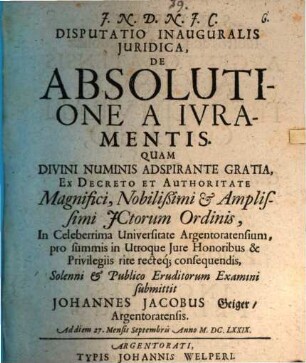 Disputatio inauguralis juridica, de absolutione a iuramentis